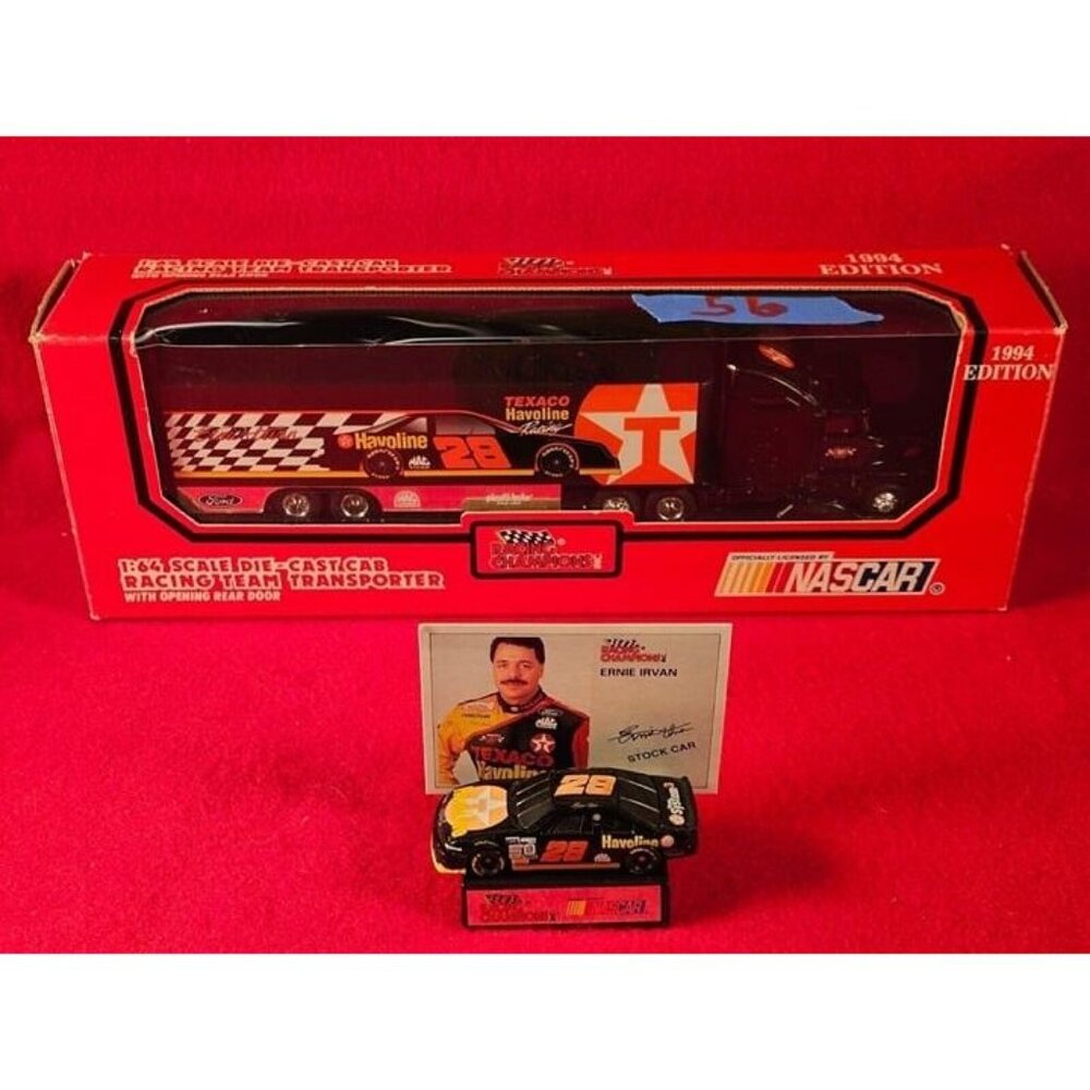 ERNIE IRVAN NASCAR TRANSPORTER BUNDLE w/MATCHING STOCKCAR & PLAYER CARD - NIB 56
